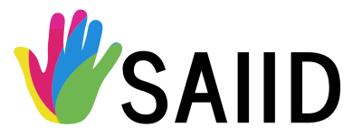 Logo del SAIID representado por una mano pintada en segmentos con los colores del programa y con la palabra SAIID en grande a la derecha y la frase Sistema de Atención Integral Intersectorial del Desarrollo de Niño y la Niña abajo