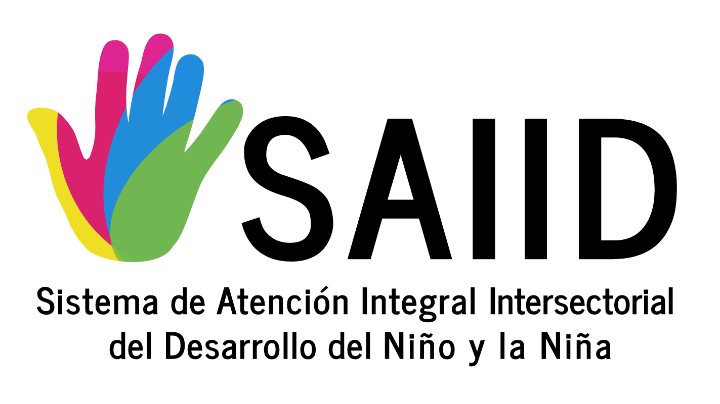 Logo del SAIID representado por una mano pintada en segmentos con los colores del programa y con la palabra SAIID en grande a la derecha y la frase Sistema de Atención Integral Intersectorial del Desarrollo de  Niño y la  Niña abajo